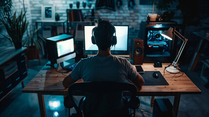 Gamer or Editor Working on Powerful Computer Setup


