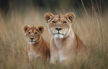Fototapeta premium Photograph of a lioness and her cub in the Africa savanna