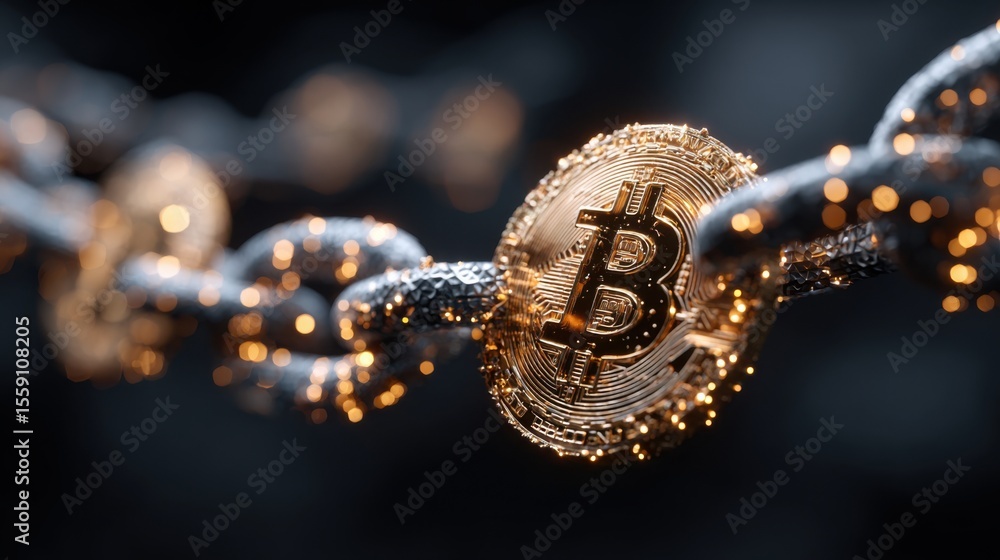 Poster this visual displays glowing bitcoin coins connected by intricate blockchain links, set against a da