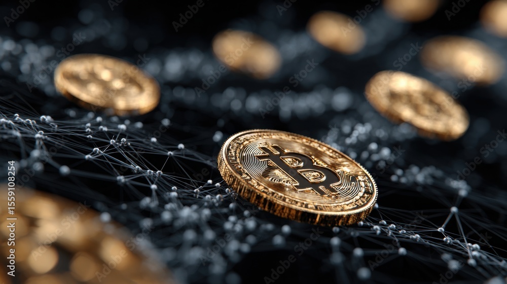 Poster numerous golden bitcoin coins are artistically arranged within a futuristic network of interconnecte