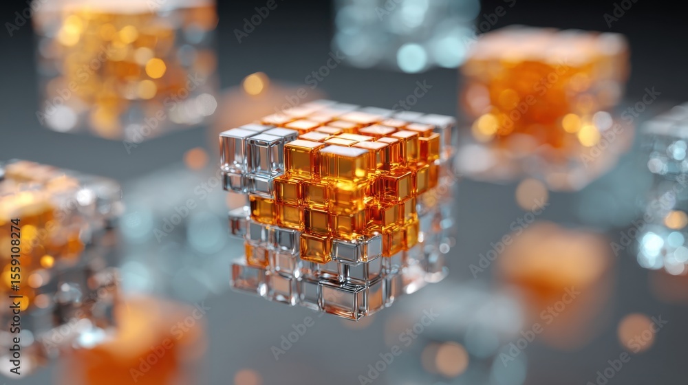 Poster translucent cubes in various sizes hover against a dark background, illuminated by glowing orange ac