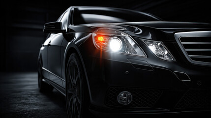 A sleek black luxury sedan is parked in a dimly lit garage. The illuminated headlights highlight the vehicle's smooth contours, emphasizing its modern design and sophistication during the night.
