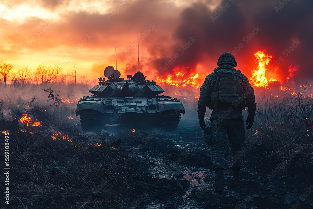 Poster man in a camouflage uniform stands in front of a tank in a field. the tank is surrounded by fire, an