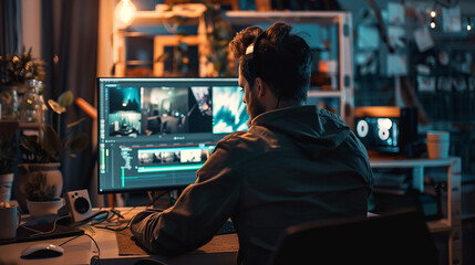 Young Male Video Editor Working at Night