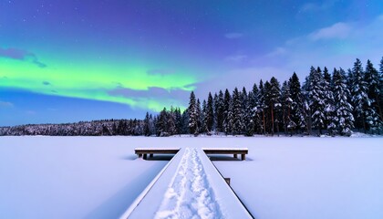 Obraz premium Aurora lights up frozen lake scenery