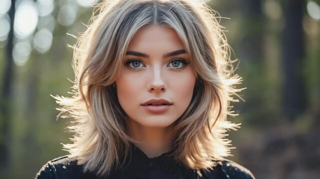 A stunning portrait of a beautiful woman in the woods. The woman with short blonde hair and striking eyes, is surrounded by the serene beauty of the forest