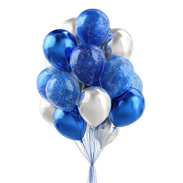 Elegant blue and silver balloons bunch isolated on transparent background