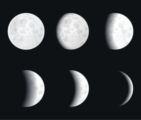 Moon eclipse, different phases, realistic moonlight in stages from full moon to thin moon	