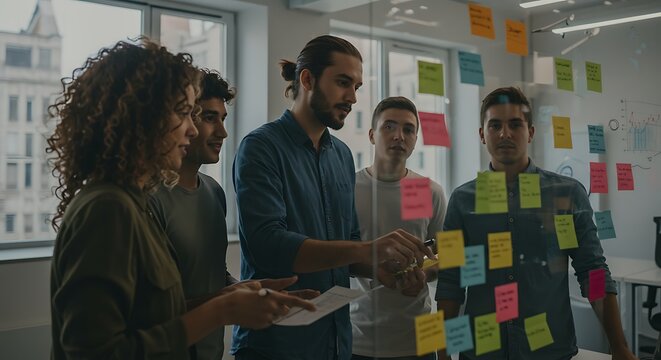 Team Working on Sticky Notes in Office