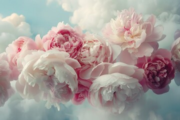 minimalistic design Peonies, roses on pink background with copy space. Abstract natural floral frame layout with text space.