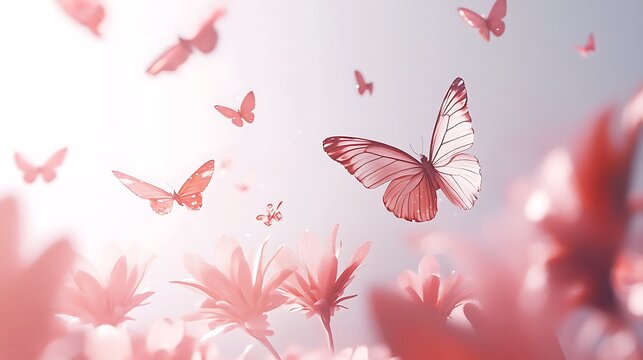Beautiful pink butterflies floating above delicate flowers photo of spring and nature concept