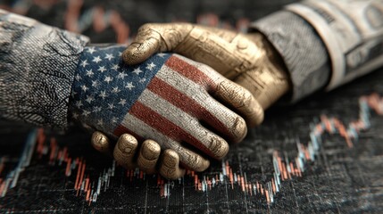 Two hands shaking symbolize unity and partnership, one adorned with the American flag and the other in gold, set against a financial data chart reflecting economic trends.