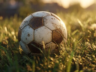 A well-worn soccer ball on green grass field under soft morning light