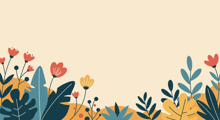 Obraz premium Floral Vector Background with Red and Yellow Flowers and Blue Leaves