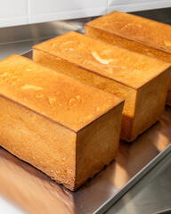 Golden bricks of freshly baked Japanese shokupan, exuding warmth, perfect for Hanami picnics or a...