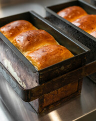 Golden brioche loaves cooling in rustic pans evoke autumnal warmth and Rosh Hashanah celebrations,...