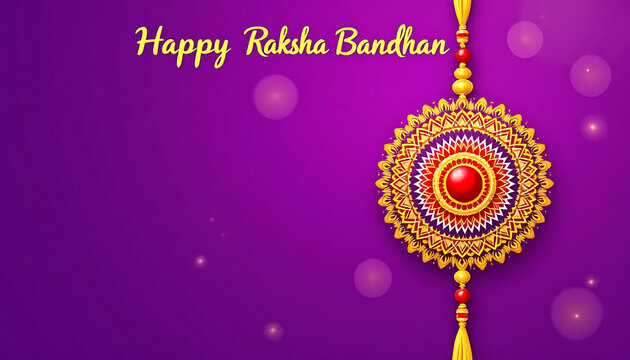 Raksha bandhan celebration design with intricate rakhi on purple background.