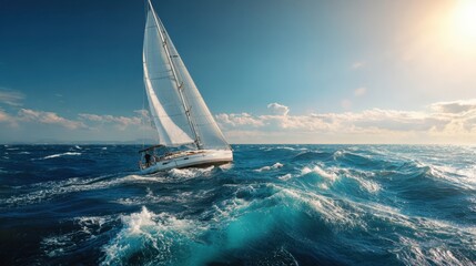 Sailing yacht sailing in the blue ocean during a regatta in rough sea