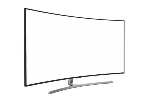 Modern curved screen television, thin black matte frame, brushed silver aluminum stand, bright blank white display, against a transparent background, 3/4 view, professional studio lighting,