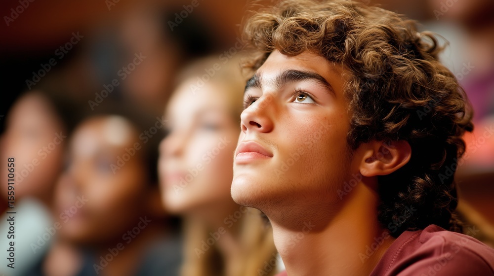 Poster young student attentively listening during a lecture in a classroom setting
