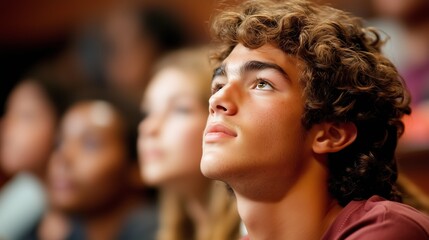 Young student attentively listening during a lecture in a classroom setting