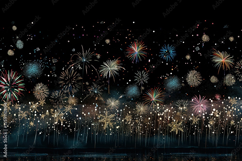 Wall mural minimalistic design the night sky is lit up with new year's eve fireworks., the extreme right third 