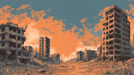 A destroyed city in ruins shown in vector style, illustrating the impact of war, invasion, and urban devastation.