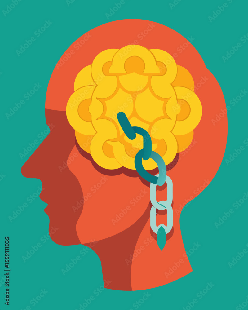 Poster the chains on the brain tug and pull controlling every move and preventing individual growth.. vecto