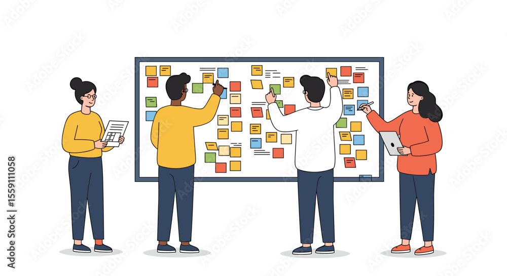 Poster collaborative team brainstorming session with colorful sticky notes