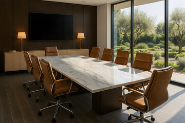 A luxurious and spacious modern conference room features a large white marble table, surrounded by brown leather chairs, with a wide window revealing an outdoor landscape