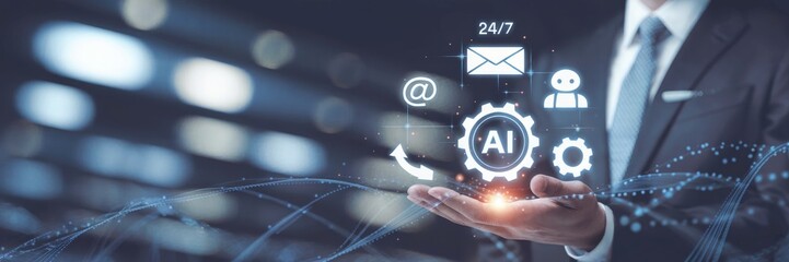 Businessman holding glowing A I technology icons and digital network suit hand