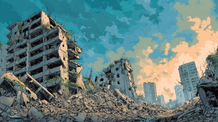 A destroyed city in ruins shown in vector style, illustrating the impact of war, invasion, and urban devastation.