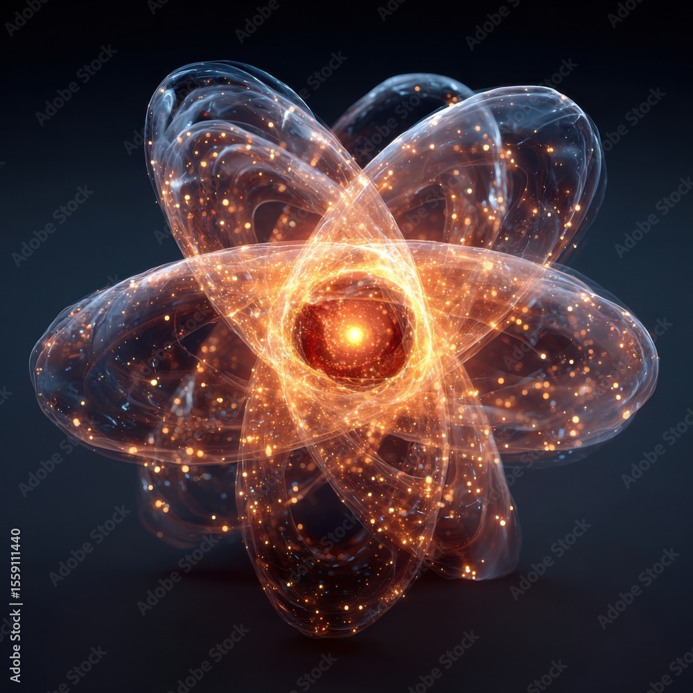 Poster a glowing atom is depicted with swirling energy patterns surrounding it, creating a dynamic and vibr