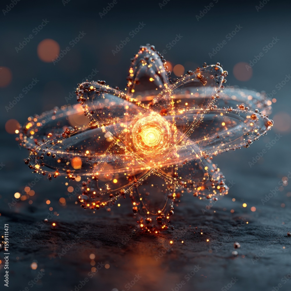 Poster a detailed representation of an atom with electrons orbiting a glowing nucleus, surrounded by shimme