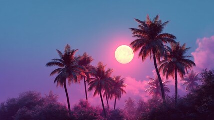 Vibrant Sunset Moonlit Palm Trees