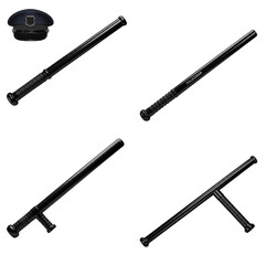 Policeman black baton in various positions with police hat design  