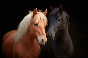 Obraz premium Two Horses Close Up Portrait Against Black Background