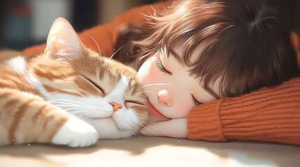A cute, varied girl cuddling up to a cat in close-up.