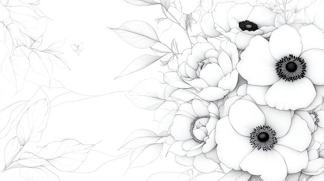 A coloring book background with a bouquet of ranunculus, eucalyptus, roses, and anemones, centered.