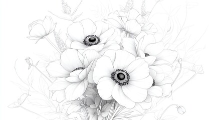 A coloring book background with a bouquet of ranunculus, eucalyptus, roses, and anemones, centered.