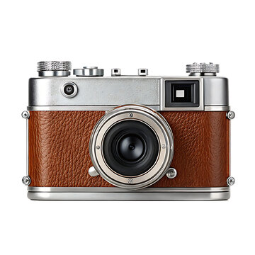 Vintage analog camera with textured brown leather and silver accents isolated on a transparent background