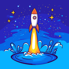 Colorful Rocket Launching into Starry Night Sky