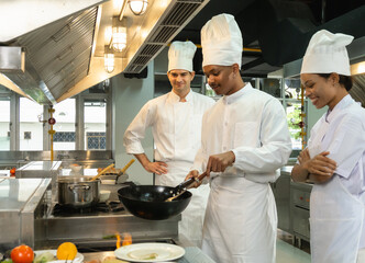 Chefs professional action demonstrating their stand cooking skills over high flame in commercial kitchen. Image shows culinary expertise and energetic and passionate atmosphere of the culinary arts.
