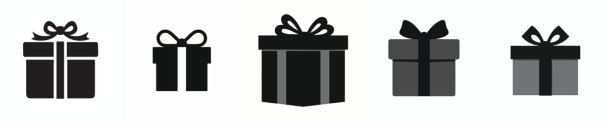 Black and Gray Gift Box Icon Set – Elegant Flat Present Vector Collection