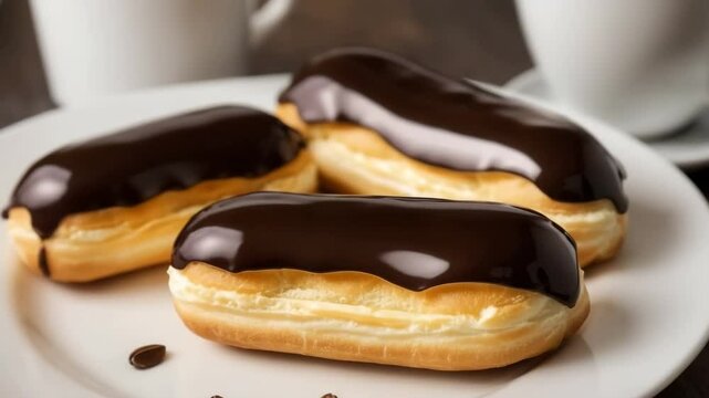 Three chocolate eclairs on a white plate. The eclairs have a creamy filling and a glossy chocolate glaze. Coffee cups are in the background.