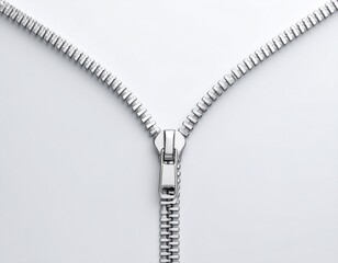 Zipper on White: Close-up shot of a shiny metal zipper against a clean, minimalistic backdrop. Highlighting texture and form.