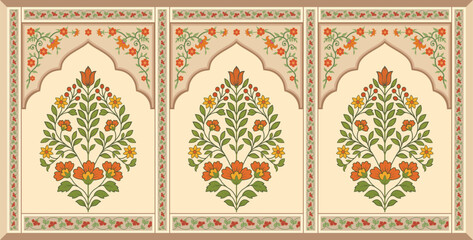 Traditional Mughal flower motif. Traditional wall decorative flower painting. Mughal wall paintings. © Design 35