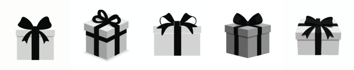 Elegant Gift Box Icon Set – Minimalist Present with Black Ribbons and Bows