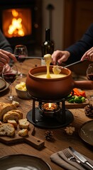 A man and a woman enjoy fondue time, dipping bread and cheese in a cozy fireplace setting for dinner or holiday celebration.