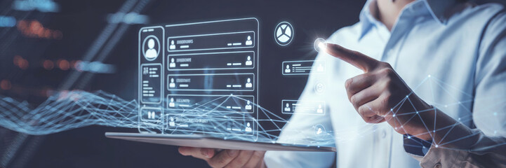 Person interacting with digital interface displaying user profiles and data network technology interaction